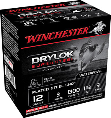 Winchester Super X Dryloc Super Steel Shotshells XSM1233, 12 Gauge, 3", 1-3/8 oz, 1300 fps, #3 Steel Shotshells Shot, 25 Rds/Bx