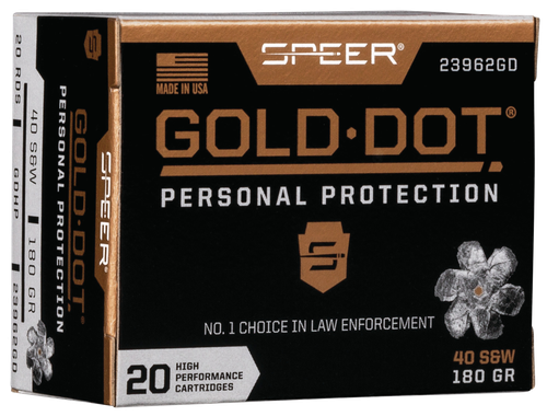 Speer Gold Dot Personal Protection Handgun Ammunition 23962GD, 40 S&W, Gold Dot HP, 180 GR, 1025 fps, 20 Rd/bx