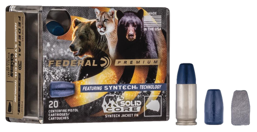 Federal Premium Pistol Ammunition P357SHC1, 357 Mag, Solid Core Synthetic Flat Nose, 180 gr, 1400 fps, 20 Rd/Bx