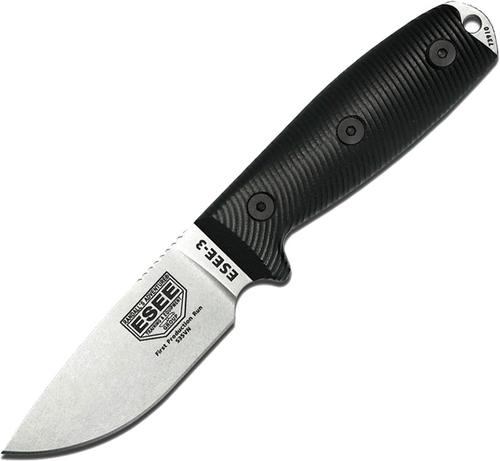 ESEE Knives ESEE-3 Fixed Blade Knife w/Stone Washed Drop Point Blade, Black G10 Handle (3PM35V-001)