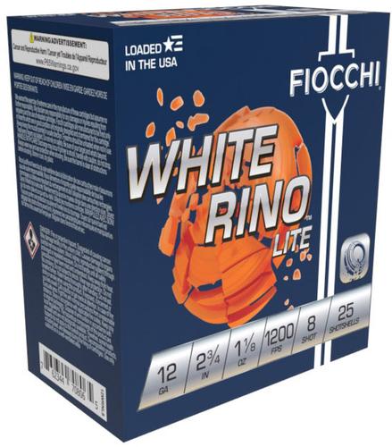 Fiocchi White Rino Lite Shotshells 12WRNL8, 12 Gauge, 2-3/4", 1-1/8 oz, 1200 fps, #8 Lead Shot, 25 Rd/bx