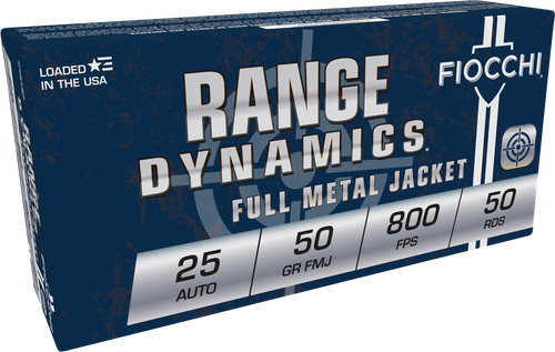 Fiocchi Shooting Dynamics Pistol Ammunition 25AP, 25 ACP, Full Metal Jacket (FMJ), 50 GR, 800 fps, 50 Rd/bx