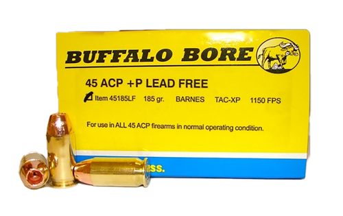 Buffalo Bore Lead-Free Pistol Ammunition 45/185L, 45 ACP, Barnes TAC-XP, 185 GR, 1150 fps, 20 Rd/Bx