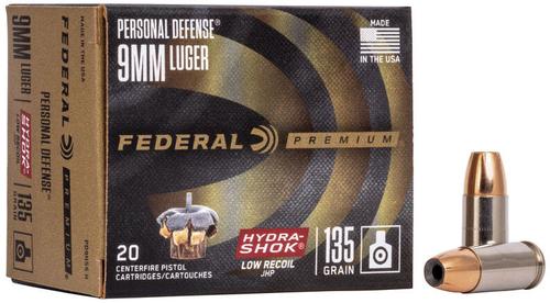 Federal Premium Personal Defense Pistol Ammunition PD9HS5H, 9mm, Hydra-Shok JHP (JHP), 135 GR, 1060 fps, 20 Rd/bx