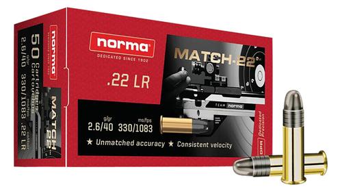 Norma Precicion Match Rimfire Ammunition 2425076, 22 LR, Lead Round Nose, 40 gr, 1083 fps, 50 Rds/Bx
