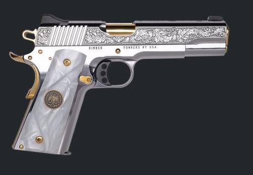 Custom & Collectible Kimber 1911 "Patria" Limited Edition Pistol CNCPATRIA, 38 Super, 5in, Pearl Grips, Stainless Engraved Slide, Gold PVD Barrel, 9 Rds