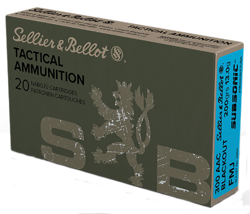 Sellier & Bellot Subsonic Rifle Ammunition SB300BLKSUBA, 300 AAC Blackout, Full Metal Jacket Subsonic, 200 GR, 1050 fps, 20 Rd/Bx