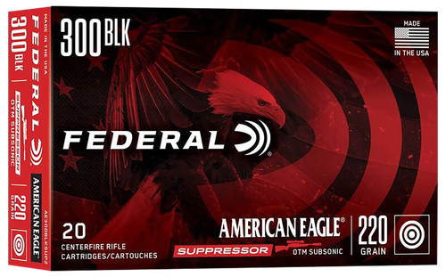 Federal American Eagle Subsonic Rifle Ammo AE300BLKSUP2, 300 AAC Blackout, Open Tip Match, 220 GR, 1000 fps, 20 Rd/bx