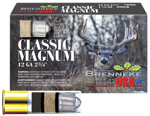 Brenneke Slugs Classic Magnum Hunting SL122CLM, 12 Gauge, 2-3/4", 1 1/8 oz, 1510 fps, Slug Shot, 5 Rd/bx