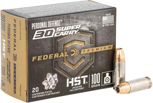 Federal Personal Defense HST Ammunition P30HST1S, 30 Super Carry, Jacketed Hollow Point (JHP), 100 GR, 1250 FPS, 20 Rd/bx