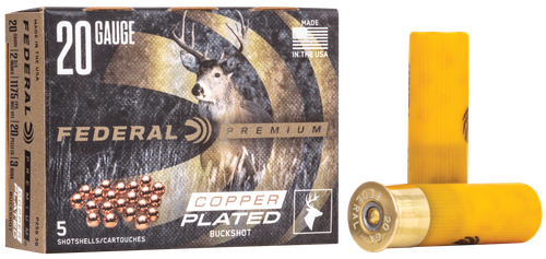 Federal Premium Vital-Shok P2563B, 20 Gauge, 2-3/4", 20 Pellets, 1100 fps, #3 Copper Plated Lead Buckshot, 5 Rd/bx