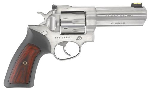 Ruger GP100 Revolver 1771, 357 Mag, 4.20", Black Rubber w/Wood Insert Grip, Satin Stainless Finish, 7 Rd