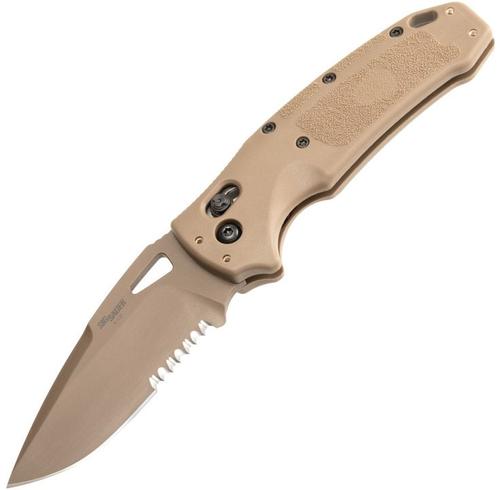 Hogue Sig K320 M17/M18 Nitron Folding Knife w/Coyote PVD Drop Point Partially Serrated Blade, Coyote Tan (36373)