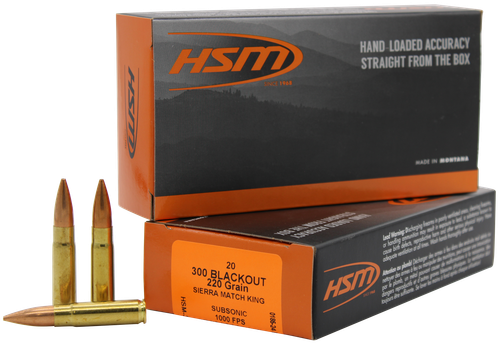 HSM Custom Plus Rifle Ammunition 300BLK-4-N, 300 AAC Blackout, HPBT Subsonic, 220 GR, 1030 fps, 20 Rd/bx