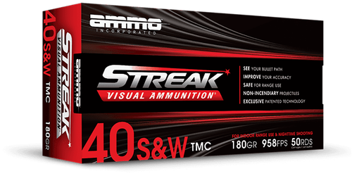 Ammo Inc Streak Visual (RED) Pistol Ammunition 40180TMCSTRKRED50, 40 S&W, Total Metal Case, 180 GR, 958 fps, 50 Rd/bx