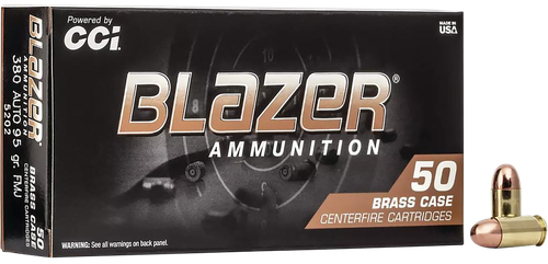 CCI Blazer Handgun Brass CF Brass Pistol Ammunition 5202, 380 ACP, Full Metal Jacket (FMJ), 95 GR, 945 fps, 50 Rd/bx