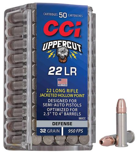 CCI Uppercut Defense Rimfire Ammunition 960CC, 22 LR, JHP, 32 gr, 950 fps, 50 Rds/Bx