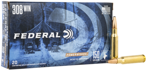 Federal Premium Power Shok Rifle Ammunition 308A, 308 Winchester, Soft Point (SP), 150 GR, 2820 fps, 20 Rd/bx