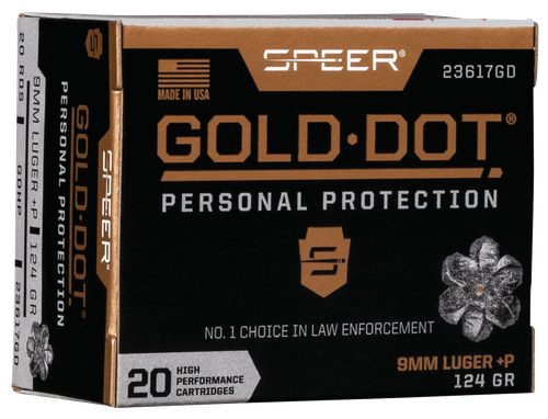 Speer Gold Dot Personal Protection Handgun Ammunition 23617GD, 9MM+P, Gold Dot HP, 124 GR, 1220 fps, 20 Rd/bx