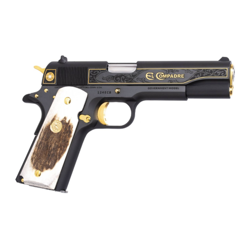 Colt 1911 Government El Compadre Pistol O4943XE-ECC, 38 Super, 4.25", Polished Elk Shed Grips, Deep Blue Finish w/24k Gold Accents, 9 Rds