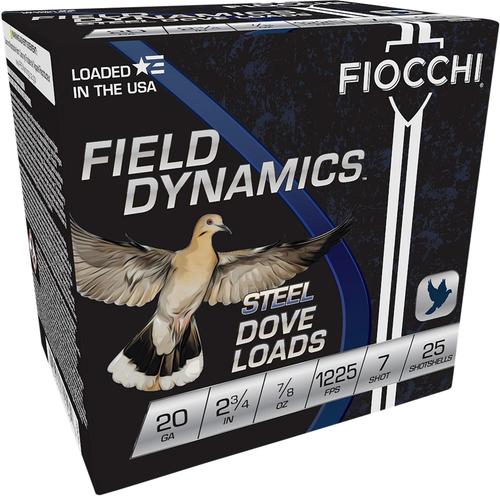 Fiocchi Field Dynamics Dove & Quail Shotshells 20DLS7, 20 Gauge, 2-3/4", 7/8 oz, 1225 fps, #7 Steel Shot, 25 Rds/box