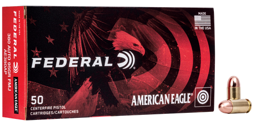 Federal American Eagle Pistol Ammunition AE380AP, 380 ACP, Metal Case (MC), 95 GR, 960 fps, 50 Rd/bx