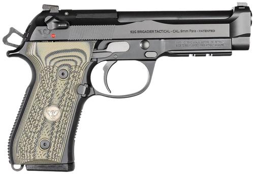 Wilson Combat 92G Brigadier Tactical Pistol BER92BRIG9, 9mm Luger, 4.70in, Dirty Olive G10 Grips, Black Finish, 15 Rds
