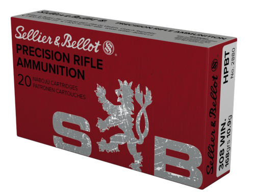 Sellier & Bellot Rifle Ammunition SB308G, 308 Win, Hollow Point Boat Tail, 168 gr, 2628 fps, 20 Rd/Bx