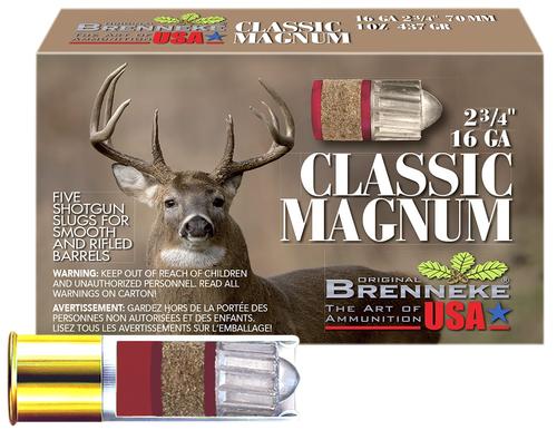 Brenneke Classic Magnum Slugs SL162CLM, 16 Gauge, 2-3/4", 1 oz, 1480 fps, Rifled Slug Shot , 5 Rd/bx
