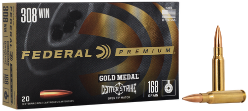 Federal Premium Gold Medal Rifle Ammunition GM308OTM1, 308 Winchester, Open Tip Match BTHP, 168 GR, 2650 fps, 20 Rd/bx