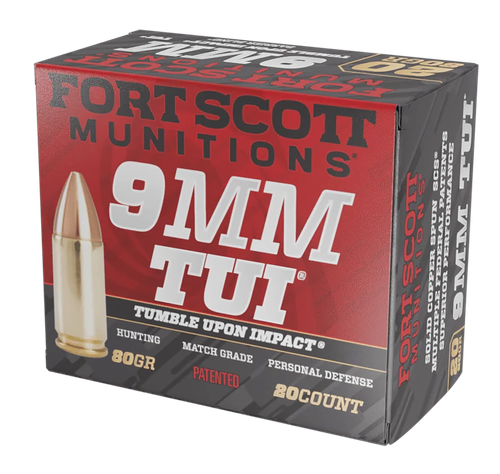 Fort Scott Munitions TUI Pistol Ammunition 9MM080SCV, 9mm Luger, Solid Copper Spun, 80 gr, 1356 fps, 20 Rd/Bx