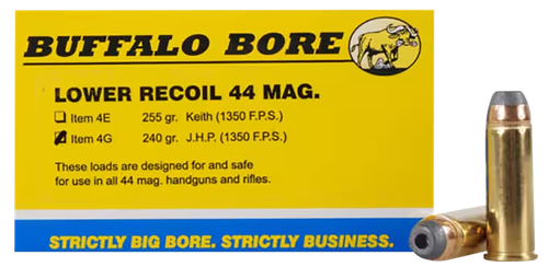 Buffalo Bore Handgun Ammunition 4G/20, 44 Magnum, Jacketed Hollow Point (JHP), 240 GR, 1350 fps, 20 Rd/Bx