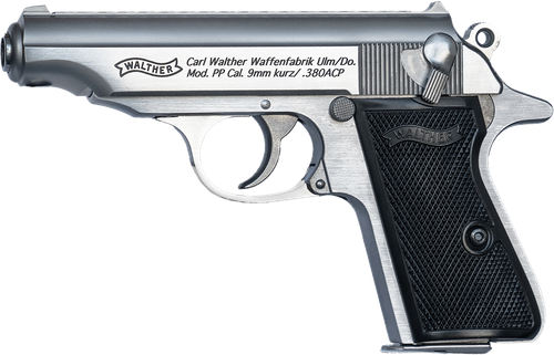 Walther PP Pistol 4796029, 32 ACP, 3.90in, Textured Polymer Grips, Stainless Finish, 8 Rds