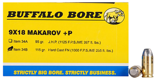 Buffalo Bore Handgun Ammunition 34B/20, 9x18mm +P (9mm Makarov), Hard Cast Flat Nose (FN), 115 GR, 1000 fps, 20 Rd/Bx