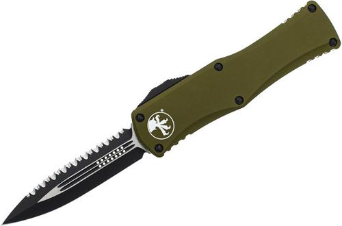 Microtech Hera Out-The-Front Automatic Knife, Black Plain/Serrated Double Edge Blade, OD Green Handle (702-3OD)