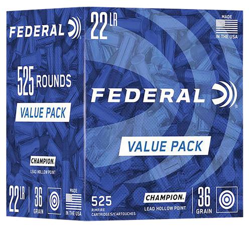 Federal Champion Training Rimfire Ammunition 747, 22 LR, Lead Hollow Point, 36 gr, 1260 fps, 525 Rds/Bx