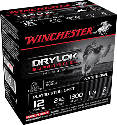 Winchester Super X Dryloc Super Steel Shotshells XSM122, 12 Gauge, 2-3/4", 1-1/4 oz, 1350 fps, #2 Steel Shotshells Shot, 25 Rds/Bx