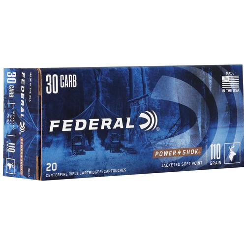 Federal Premium Power Shok Rifle Ammunition 30CA, 30 Carbine, Soft Point RN, 110 GR, 1990 fps, 20 Rd/bx