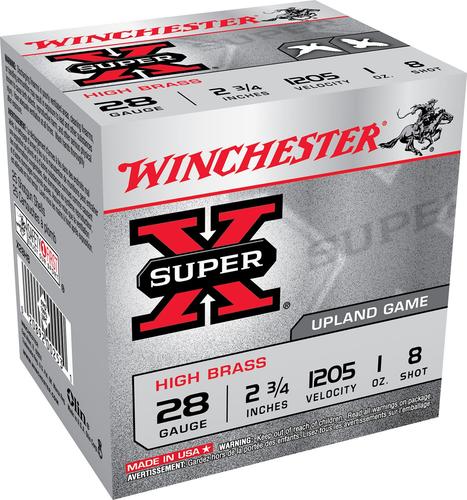 Winchester Super X High Brass Game Load X28H8, 28 Gauge, 2-3/4", 1 oz, 1205 fps, #8 Lead Shot, 25 Rds/Bx