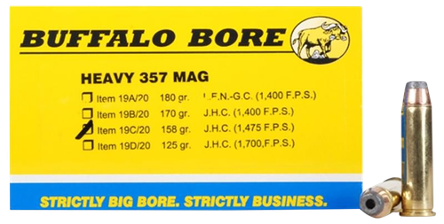 Buffalo Bore Handgun Ammunition 19C/20, 357 Magnum, Jacketed Hollow Cavity, 158 GR, 1475 fps, 20 Rd/Bx