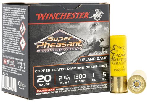 Winchester Super Pheasant Diamond Grade Shotshells SPDG205, 20 Gauge, 2-3/4", 1 oz, 1300 fps, #5 Lead Shot, 25 Rds/box