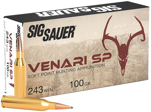 Sig Venari Rifle Ammunition V243SP10020, 243 Win, Soft Point, 100 gr, 2960 fps, 20 Rd/Bx
