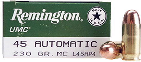 Remington UMC Handgun Ammunition L45AP4BP, 45 ACP, Metal Case (MC), 230 GR, 845 fps, 500 Rd Case