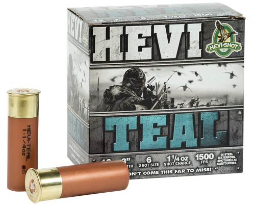 Hevishot Hevi-Teal Shotshells 60006, 12 Gauge, 3", 1-1/4 oz, 1500 fps, #6 Shot, 25 Rds/Bx