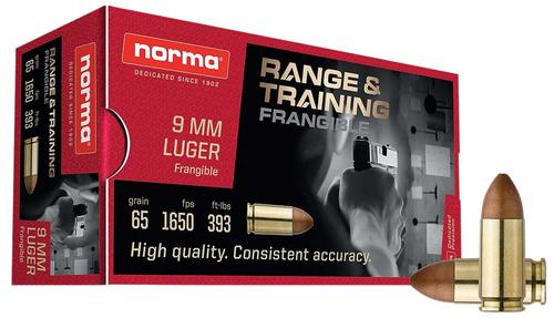 Norma Range & Training Pistol Ammunition 630140050, 9mm, Frangible, 65 gr, 1650 fps, 50 Rd/Bx