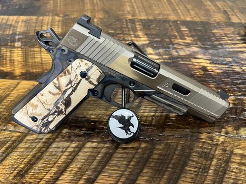 Nighthawk Custom VIP Agent II 0872, 45 ACP, 5", Cross Cut Mammoth Tusk Ivory Grips, Case Hardned Finish, 14k Gold Front Sight, Charcoal Blued Slide, 7 Rds
