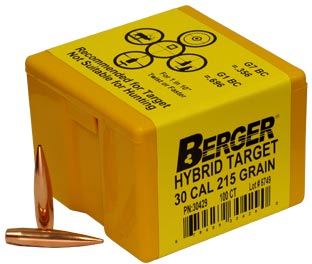 Berger Hybrid Target Bullets 30 Cal 215 Grain 100 Per box (30429), Not Loaded