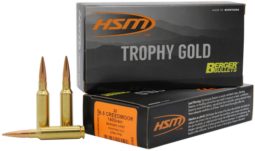 HSM Trophy Gold Rifle Ammunition 65CREEDMOOR140VLD, 6.5 Creedmoor, Berger Hybrid OTM, 140 gr, 2780 fps, 20 Rd/Bx