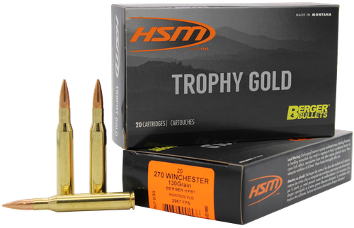 HSM Trophy Gold Rifle Ammunition 270130VLD, 270 Winchester, Berger Hunting VLD, 130 GR, 3091 fps, 20 Rd/bx