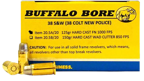 Buffalo Bore Handgun Ammunition 20.5A/20, 38 S&W, Hard Cast Flat Nose, 125 GR, 1050 fps, 20 Rd/bx